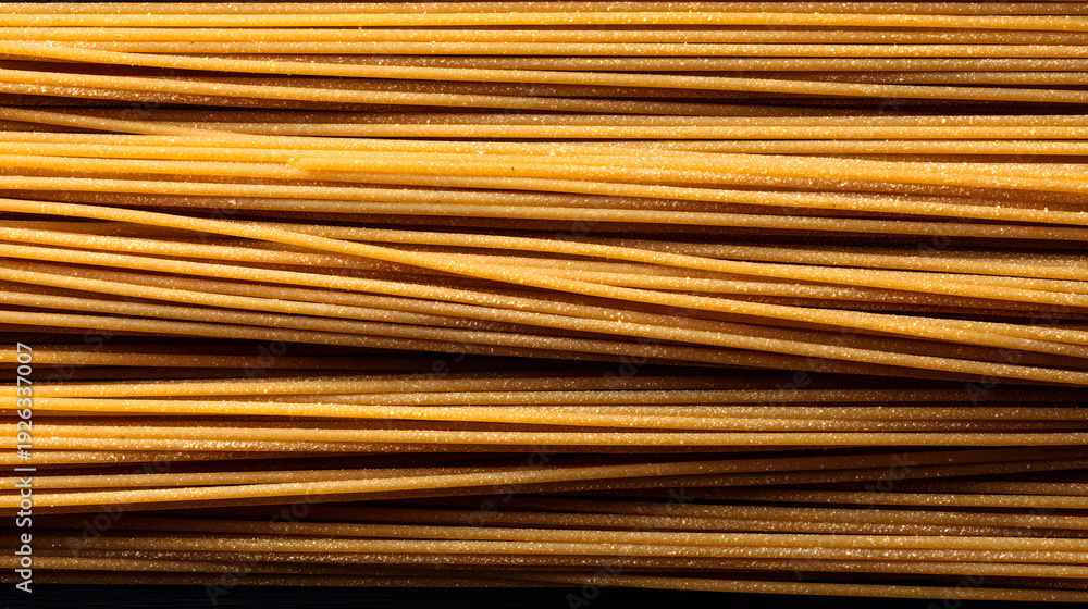 Obraz premium Golden uncooked pasta arranged closely together exhibits its texture and color under bright lighting in a kitchen