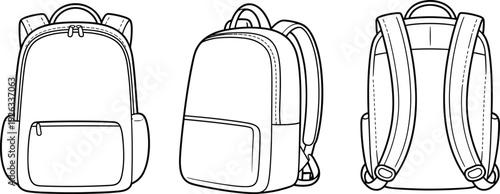 School backpack outline set, modern travel rucksack bag front side back view flat vector illustration isolated