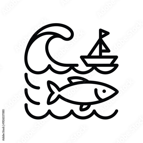 Ocean wave and boat with fish vector illustration representing marine life