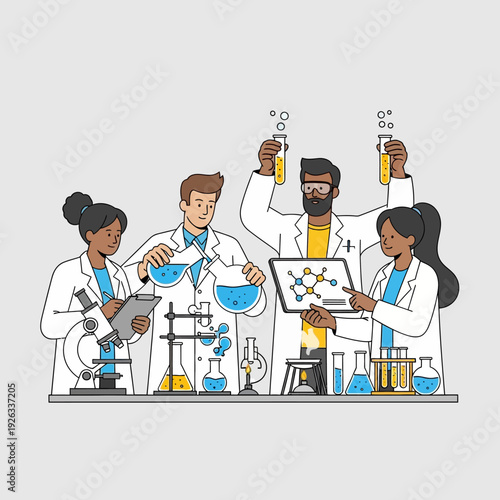 Diverse scientists in lab coats working with beakers, microscope, and molecular model