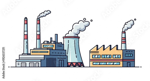 Industrial complex illustration depicting factories with smoke stacks and emissions.