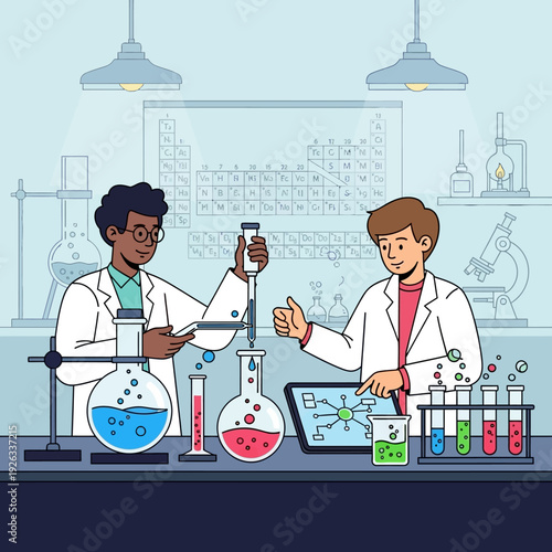 Diverse students conducting chemistry experiment in modern laboratory with periodic table