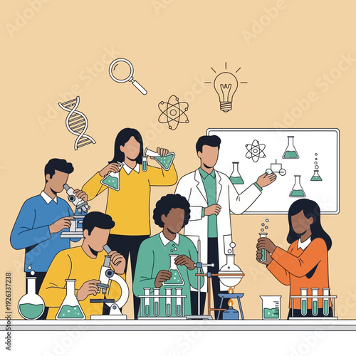 Diverse students in science lab conducting experiments with microscopes and test tubes