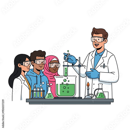 Diverse students learning chemistry with teacher in lab, conducting experiment with green liquid