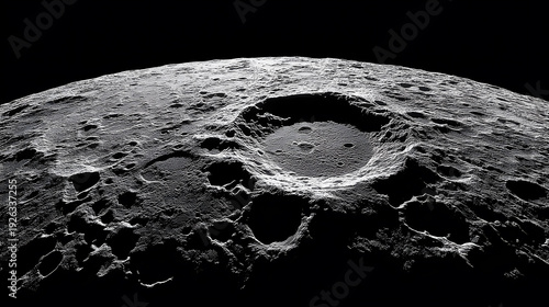The lunar surface displays various craters, with dark shadows highlighting its features under a deep black sky