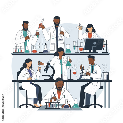 Diverse team of scientists conducting experiments in a modern laboratory