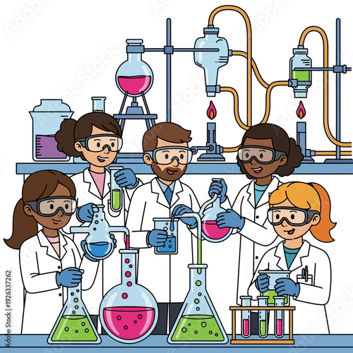 Diverse students in lab coats conduct chemistry experiments with colorful liquids and equipment.