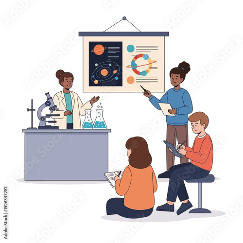 Diverse students in science class learning about planets and space from teacher with microscope