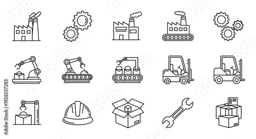 Industrial manufacturing and factory production line icons and symbols.