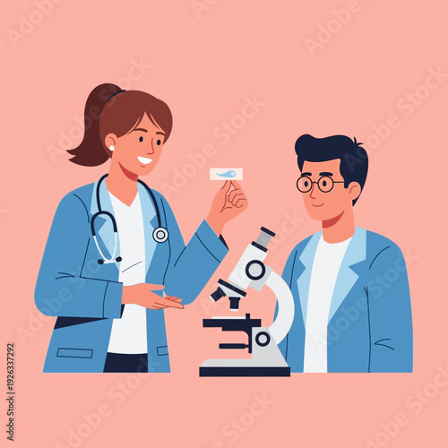 Doctor showing sample to scientist near microscope, medical research and laboratory concept