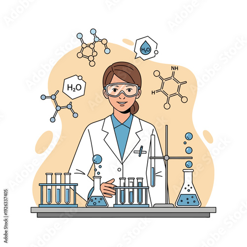 Female scientist in lab coat with goggles, conducting chemistry experiment with beakers and molecules