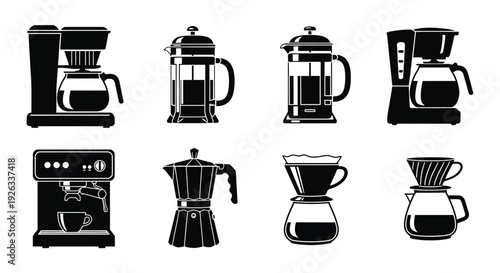 Variety of coffee makers shown in a black and white illustration