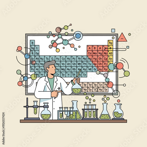 Chemist with Periodic Table and Molecular Models, Science Laboratory