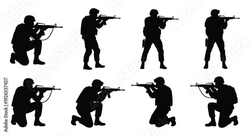 Silhouette group of soldiers aiming rifles in various combat positions