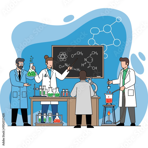 Chemistry class with students and teacher conducting experiment in laboratory