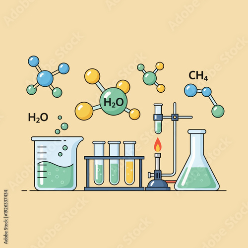 Chemistry Lab Equipment and Molecular Models: H2O, CH4, Beaker, Flask, Test Tubes, Bunsen Burner