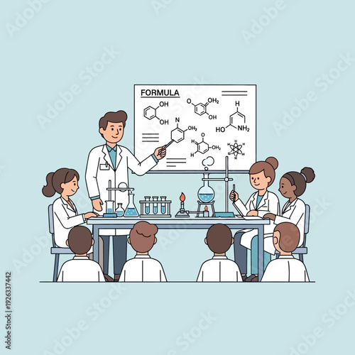 Chemistry class with teacher explaining formulas to students in a lab