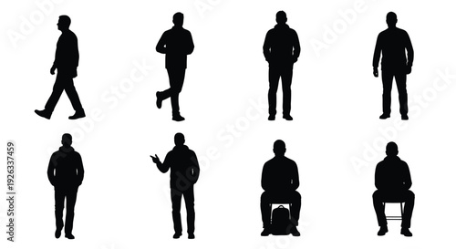 Silhouettes of people in various poses and seated on furniture