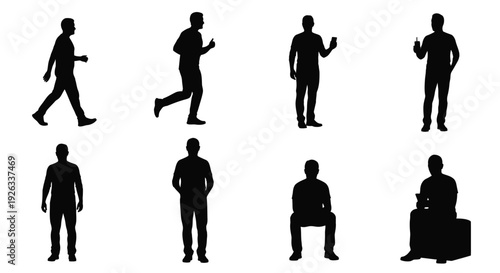 Collection of black silhouettes depicting various human poses and actions