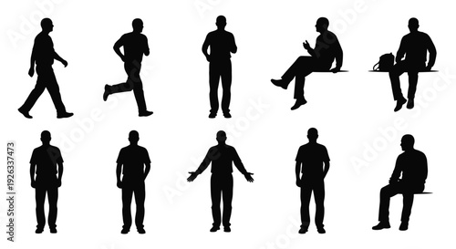 Collection of black silhouettes depicting various human poses and actions