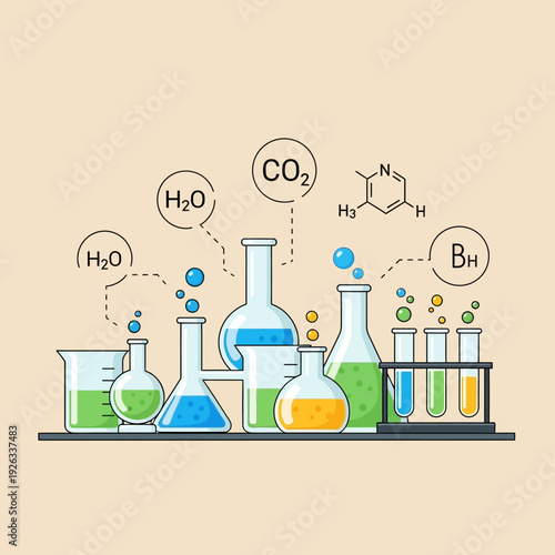 Chemistry Lab Equipment with Bubbling Liquids and Chemical Formulas