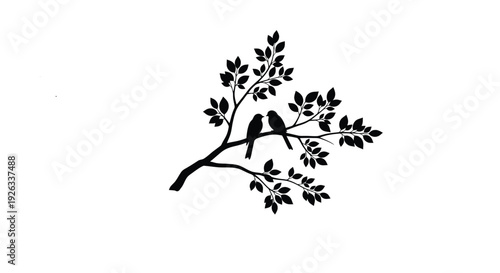 Two birds perched on a branch amidst lush foliage a silhouette