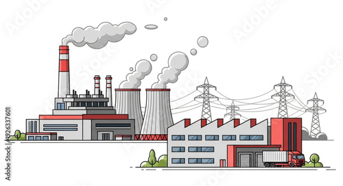 Industrial power plant complex with smokestacks and transmission lines generating electricity.