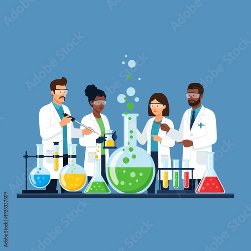 Diverse scientists in lab coats conduct experiment with bubbling green liquid in flasks
