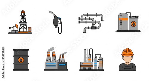 Oil and gas industry icons representing various stages of production and refining.