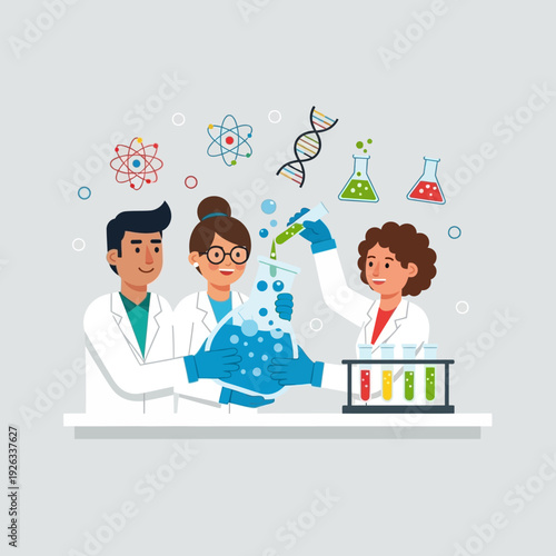 Diverse scientists in lab coats conduct experiment with DNA, atoms, and beakers