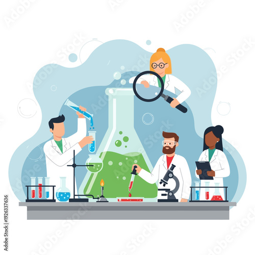 Diverse scientists in lab coats conduct experiments with beakers, microscope, and magnifying glass.