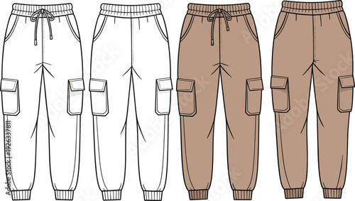 Flat fashion cad drawing of men’s cargo jogger pants with pockets, front and back view, technical vector illustration design