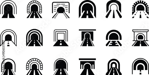 Tunnel entrance icons set with road perspective, underground railway and highway isolated black vector illustration collection