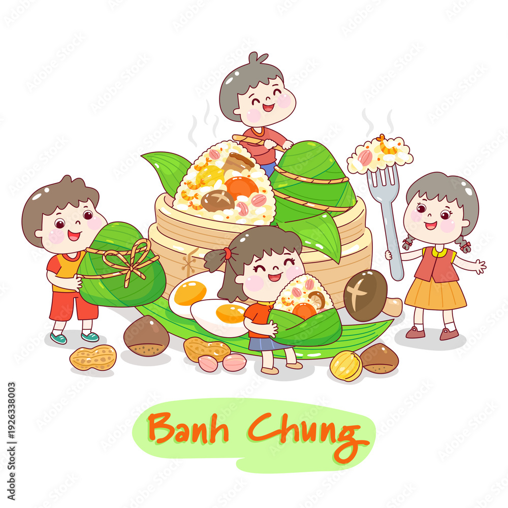 Obraz premium Cute banh chung character vector.