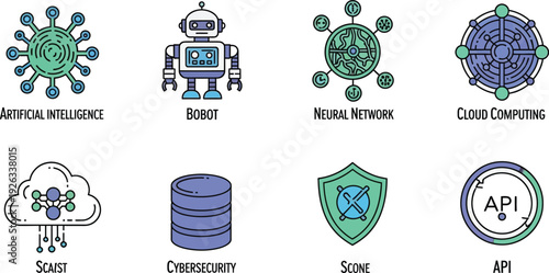 Technology icon set. Includes artificial intelligence, robot, neural network, cloud computing, SCADA, cybersecurity, SCADA, API icons. Created in line style with blue and green palette