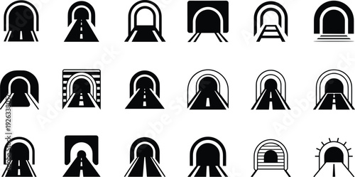 Tunnel entrance icon collection with road perspective, underground transport isolated black vector illustration set