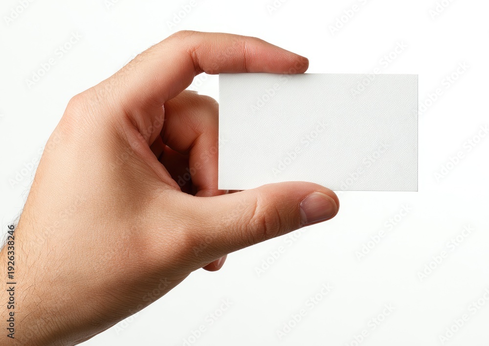 Obraz premium A hand holds a blank rectangular card against a white backdrop, close-up shot (1)