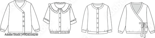Flat technical sketch of girls' buttoned cardigans with round neck, ruffle collar, heart buttons, bow tie, and elastic cuffs
