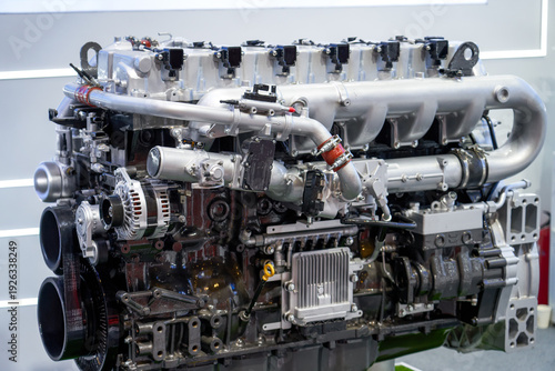 Close-up of internal combustion diesel engine used in large trucks
