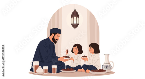 Illustration of a Muslim family sharing a meal together on a mat with traditional Ramadan lantern hanging above, conveying a sense of togetherness and celebration during the holy month of