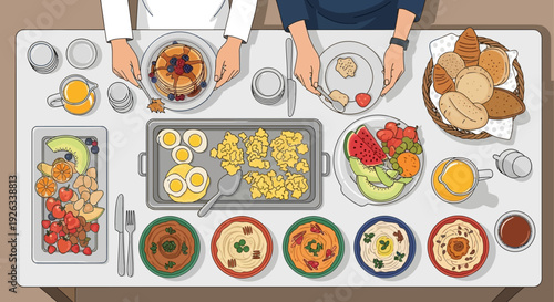 Flat lay illustration of a festive Ramadan iftar or sahur table setting with diverse food dishes and family members eating and drinking together.