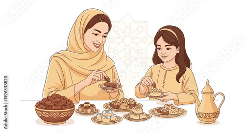 Vector illustration of a Muslim mother and daughter enjoying traditional iftar meal together during Ramadan with a variety of food and drinks on the table.