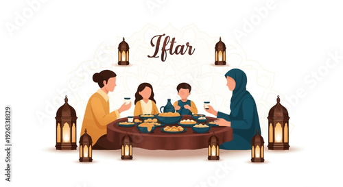 Illustration of a Muslim family sharing a meal together during Iftar, the traditional Ramadan dinner, with lanterns and a warm atmosphere.
