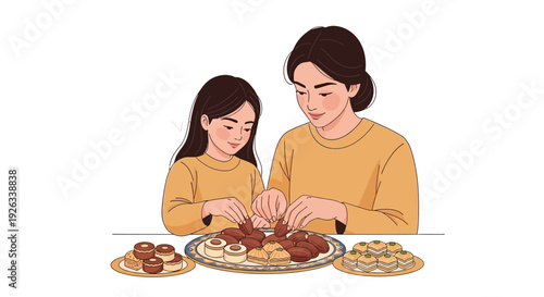 Illustration of a Muslim mother and daughter preparing traditional Ramadan iftar meal together at home with a variety of dishes.