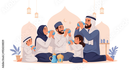 Illustration of a Muslim family celebrating iftar or sahur during Ramadan with traditional food and drinks in a festive setting.