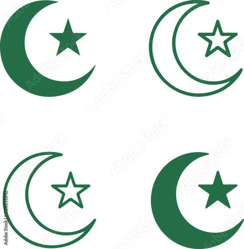 Isolated Green Crescent Star Icon, Green crescent patriotic national identity symbol design, Green crescent Pakistan independence campaign banner, pride promotion marketing vector