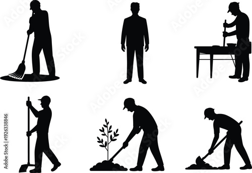 Service workers silhouettes set cleaning gardening and maintenance, professional labor isolated black vector illustration collection