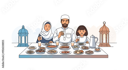 Illustration of a Muslim family enjoying iftar together with traditional food and drinks during Ramadan, with a warm and festive atmosphere and colorful lanterns in the background.