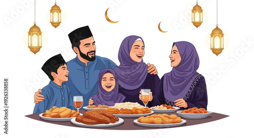 Illustration of a Muslim family sharing a meal together during Ramadan, with traditional food and drinks on the table, surrounded by hanging lanterns and crescent moons.