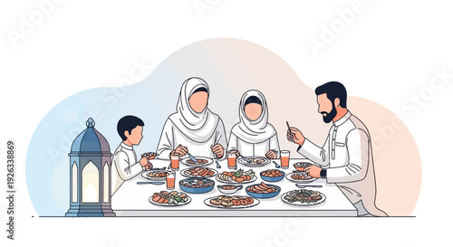 Illustration of a Muslim family sharing a meal together during Ramadan, with traditional food and drinks, and a lantern, conveying a sense of togetherness and celebration in a simple,